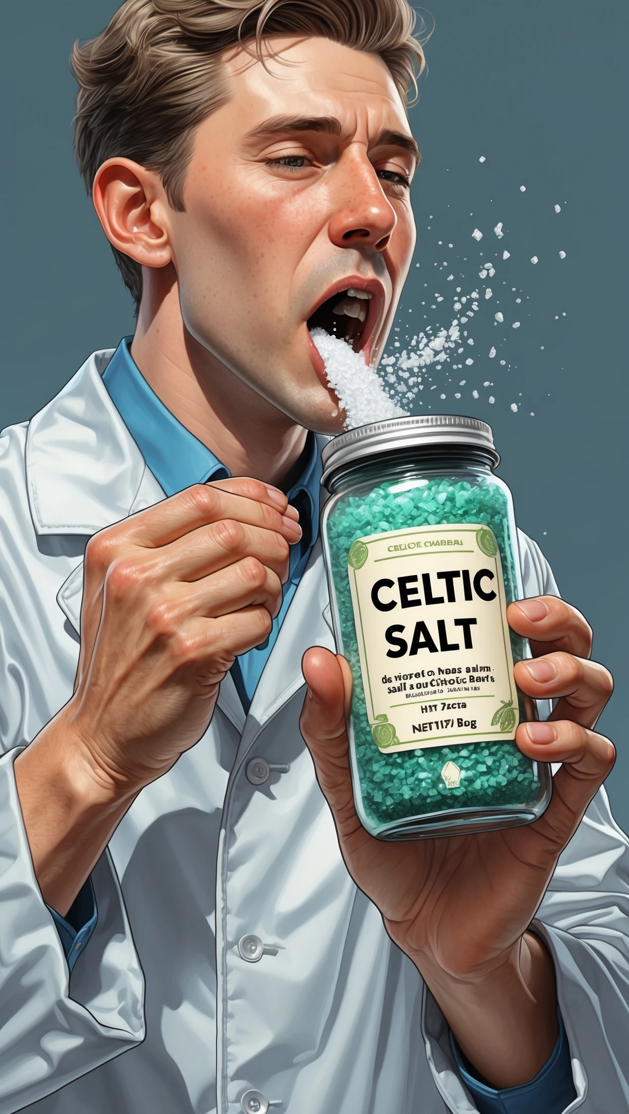 A MEDICAL ILLUSTRATION OF A REALISTIC human body holding a jar with "CELTIC SALT" written on the label, he throws it in his mouth DURING BREAKFAST emoji
