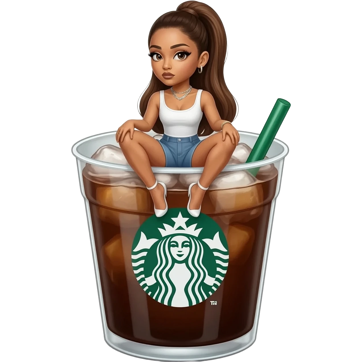 a Starbucks Americano with ice, Ariana Grande is sitting on top of the cup emoji