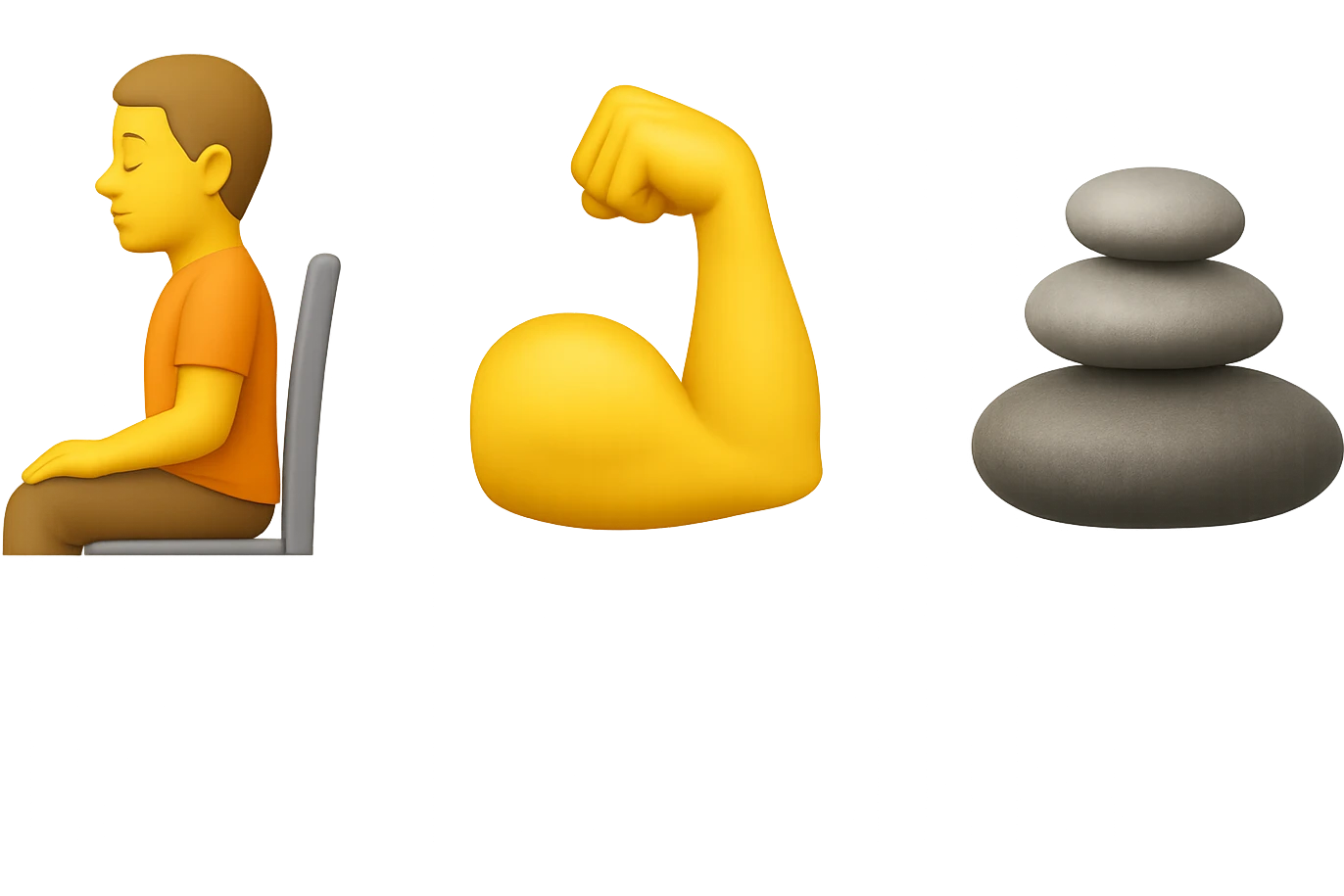 rappresenta con 3 emoji stile iphone questi 3 elementi: postura, forza e stabilità, iperealistico 4k emoji