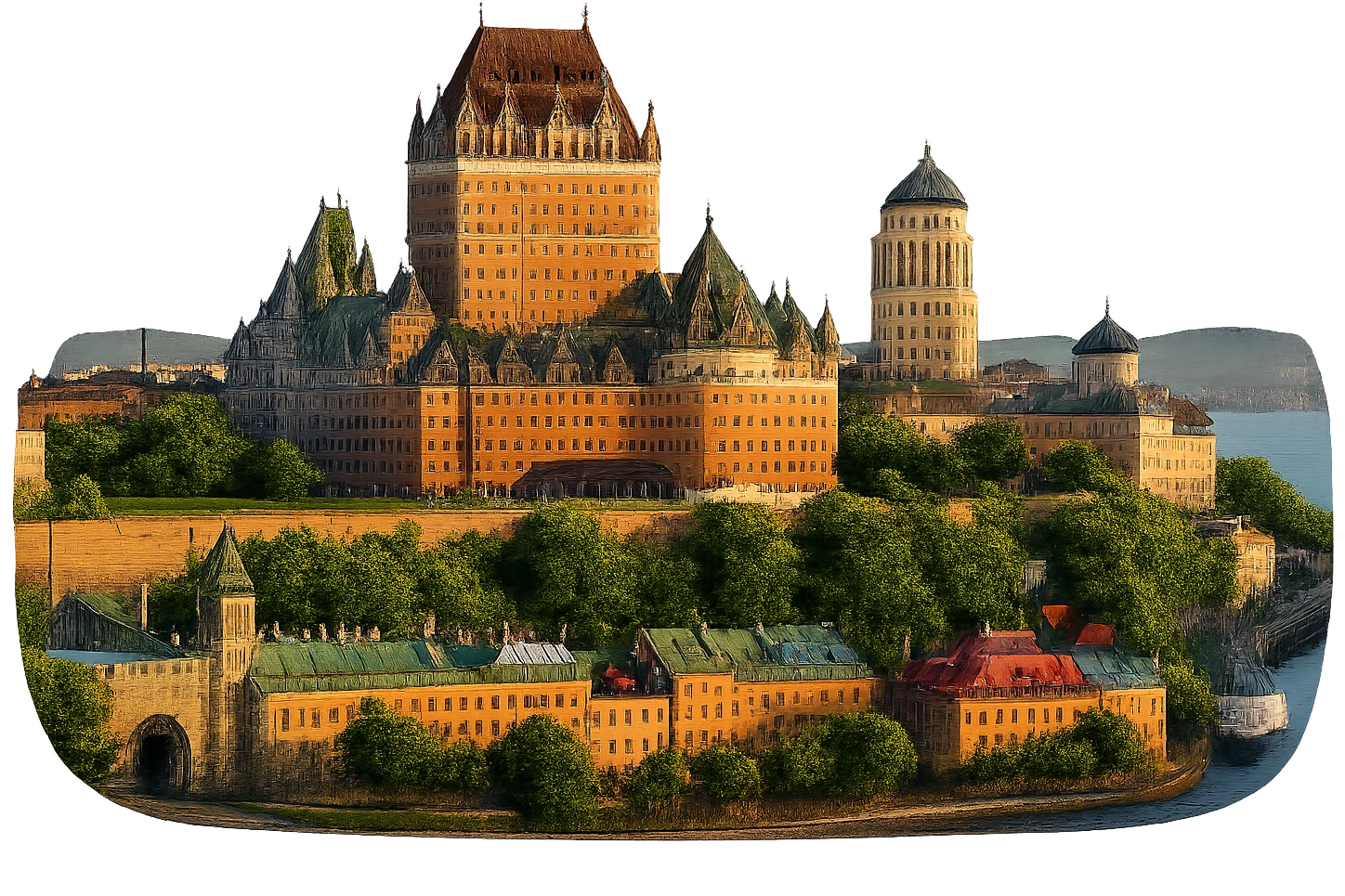 cinematic, realistic emoji of Quebec City, featuring a skyline with iconic landmarks such as Château Frontenac, the Old City walls, and the St. Lawrence River, with lifelike detail, accurate colors, bright lighting, wide city view, fully transparent background emoji