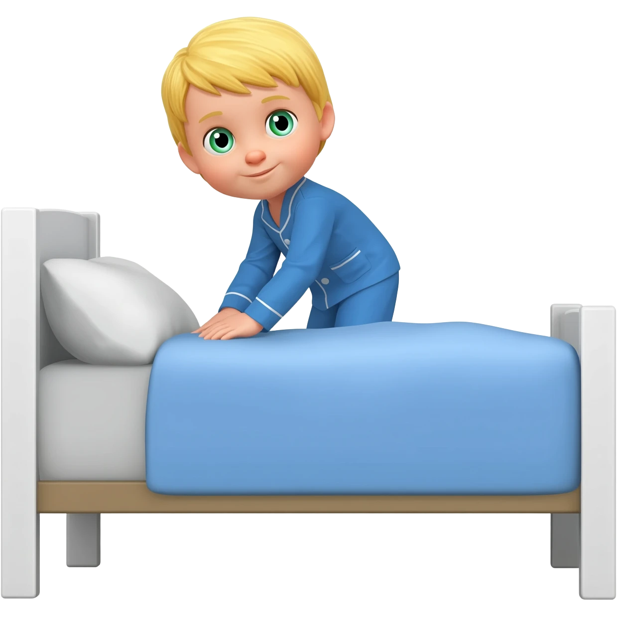 Use the same 3 year old blonde boy with green-blueish eyes as before  happy with plain blue pajamas making his bed with neat pillows emoji