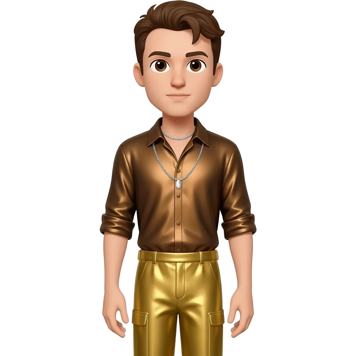 Peter Allen with brown eyes, brown hair, bronze metallic shirt, gold metallic baggy pants, silver necklace emoji