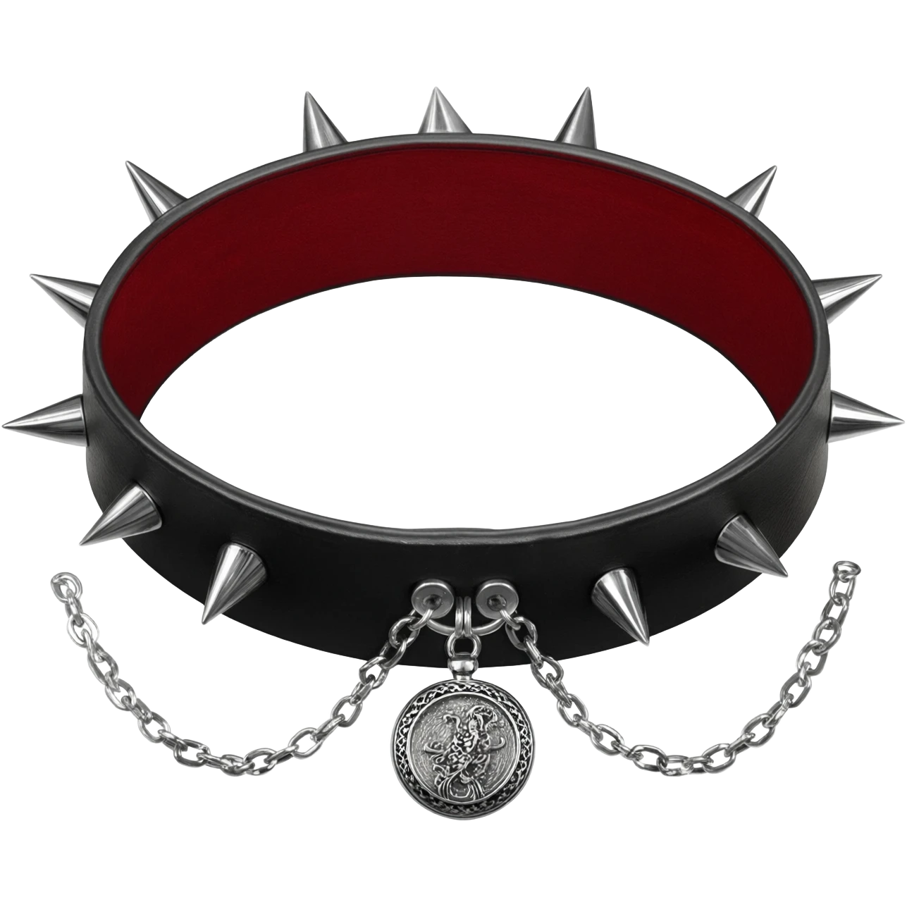 Black and red gothic lolita spiked choker-collar  with a silver locket attached in chains  emoji