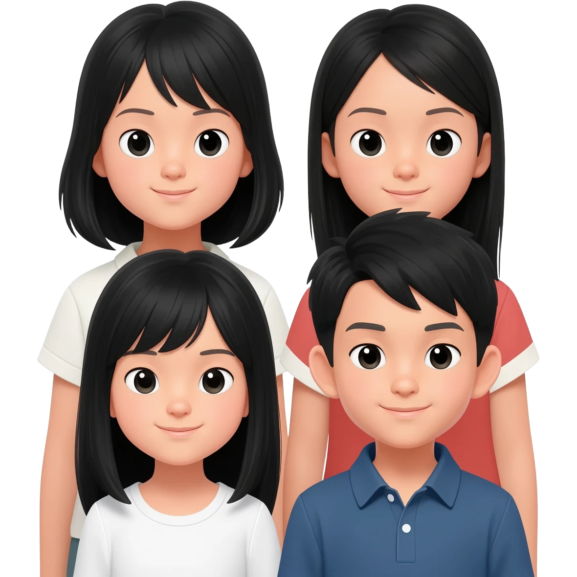 four siblings of 3 girls all asian black hair and 1 asian boy black hair emoji