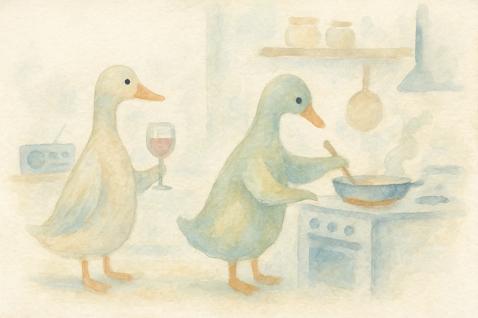 Impressionist Monet-inspired kitchen, 4:3, male and female duck couple, one holding wine glass, other at stove, record player or radio playing music, pastel palette, loose brushstrokes emoji