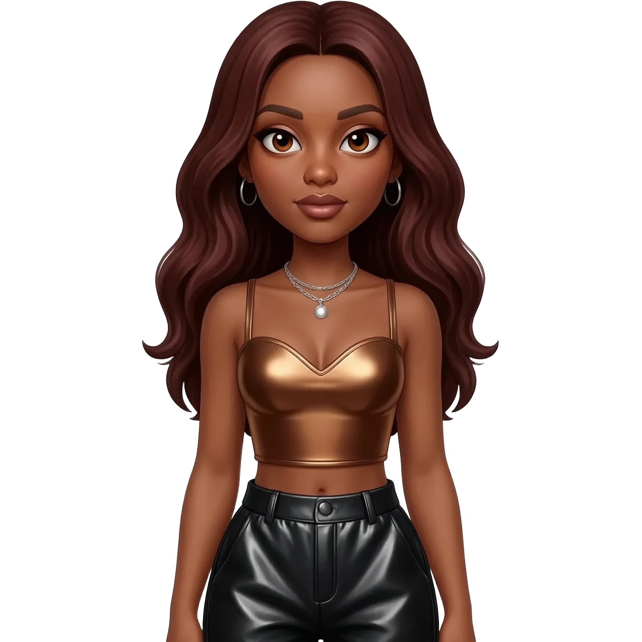 Solange with brown eyes, long dark auburn hair, brown metallic sweetheart crop top, black metallic baggy pants, silver necklace emoji