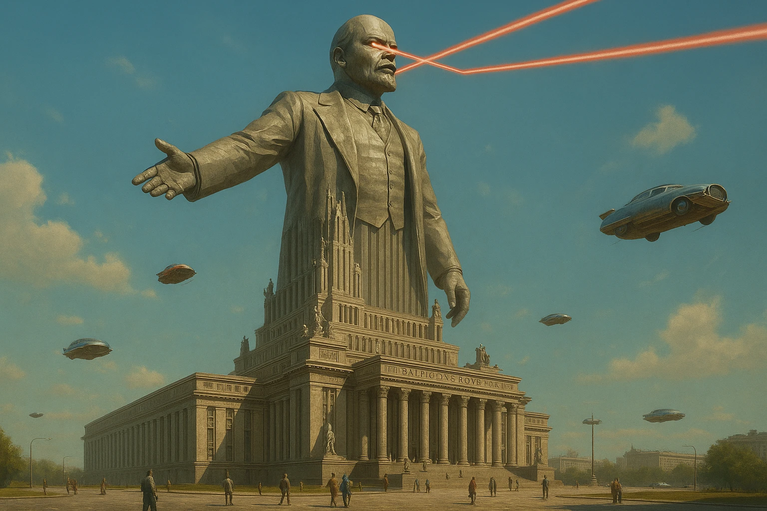 Дворец Советов реалистичный, как на фото. В стиле Atomic Heart, ретрокиберпанк. Упор на 100-метровую фигуру Ленина, у которой из глаз прожекторы лазерные. Светло, день emoji
