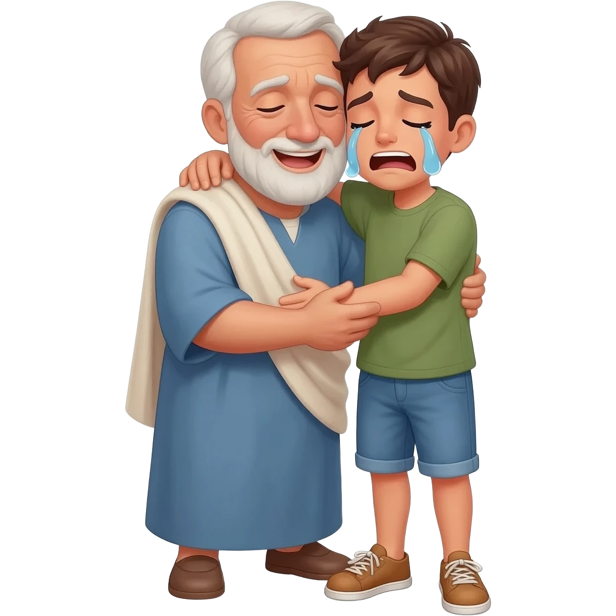 нарисуй как отец обнимет с любовью и слезами  сына возростом 20-24  года во весь рост  ,  времена древнего иерусалима emoji