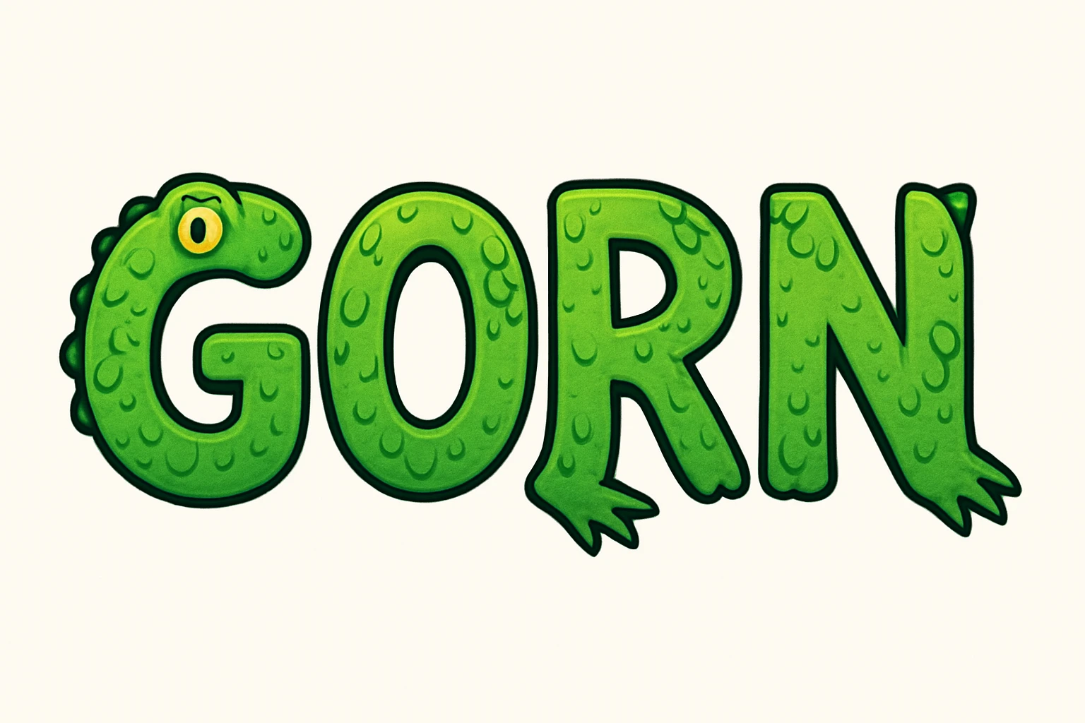 The word 'GORN' in a playful, cartoon style, with each letter featuring green scales and subtle lizard features. emoji