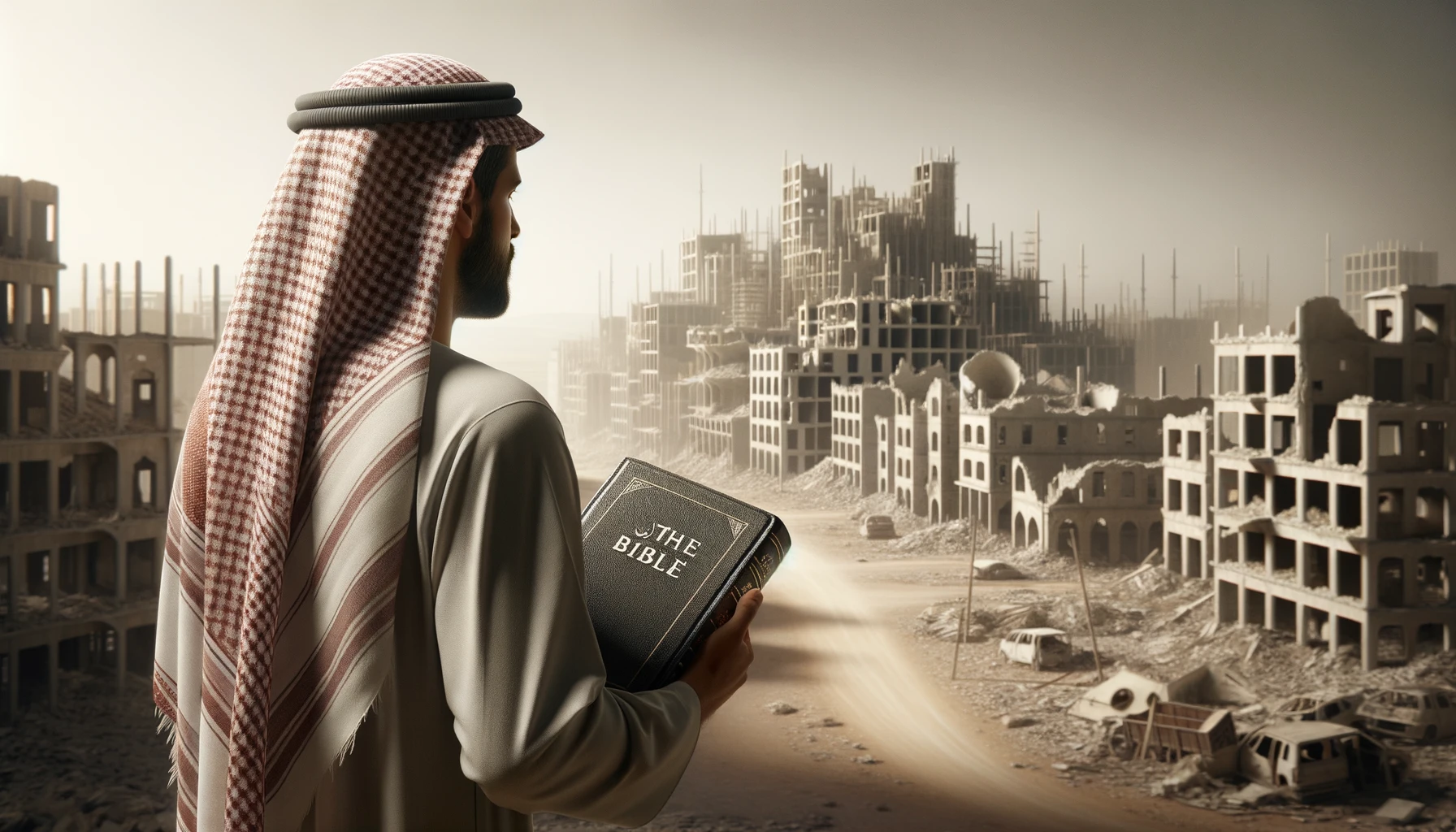 UOMO DI SPALLE DAVANTI AD UNA CITTà SMANTELLATA SENZA MURA CON UNA BIBBIA IN MANO, GUARDA LA CITTà, IPERREALISTICO 4K emoji