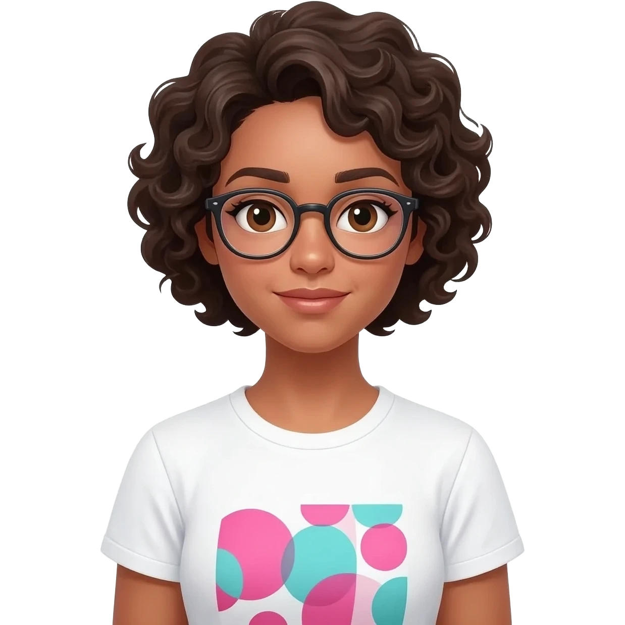 fille blanche foncé/bronzé un peu, avec une coupe de cheveux court carré long frisé/bouclé/créou, faire des boucles "anglaises", brun foncé, yeux marron, lunettes, et t-shirt blanc à motif rose et turquoise emoji