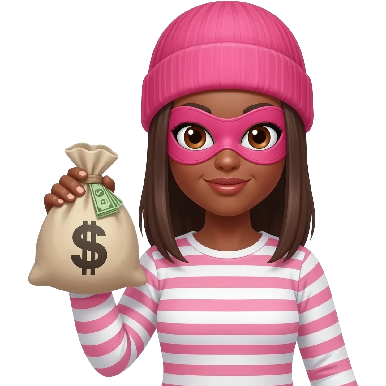 Brown woman, brown eyes, straight brown hair. Wearing a long-sleeved t-shirt, the t-shirt is horizontally striped white and pink. Pink beanie and a pink mask through which you can see her eyes, like a thief's mask. In front of her there is a bag (the money bag emoji) with bills inside. emoji