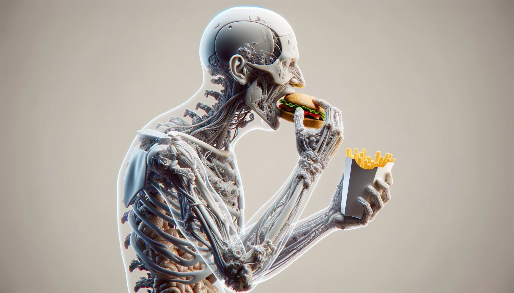 CORPO UMANO ANATOMICO CHE MANGIA FAST FOOD E STA MALE, SFONDO NEUTRO CHIARO, IPERREALISTICO 4K emoji