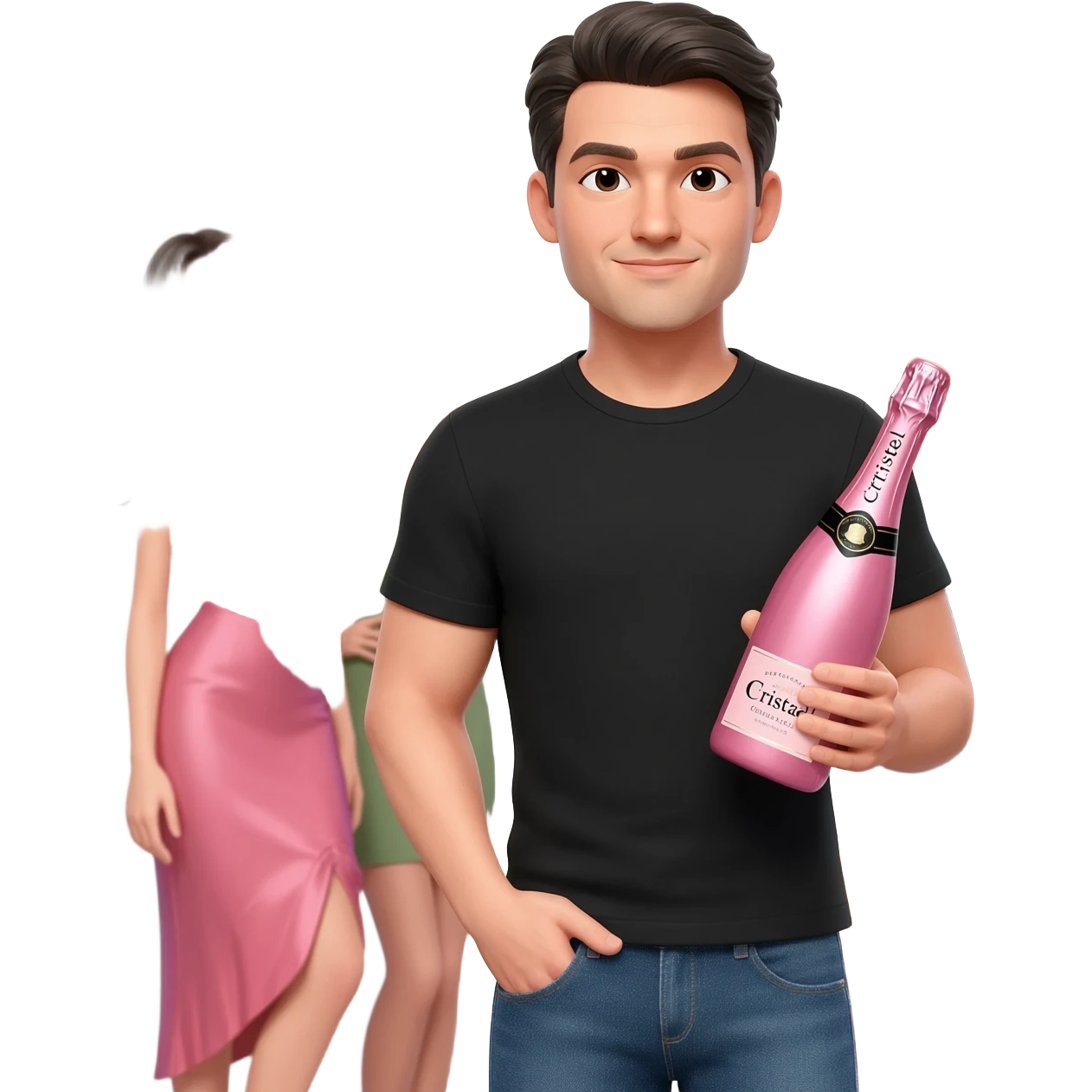 The client, , medium height, black T-shirt and jeans. He looked like a regular guy, except that he held a famously expensive pink bottle of Cristal champagne in one hand and was surrounded by towering, thin, beautiful girls. emoji