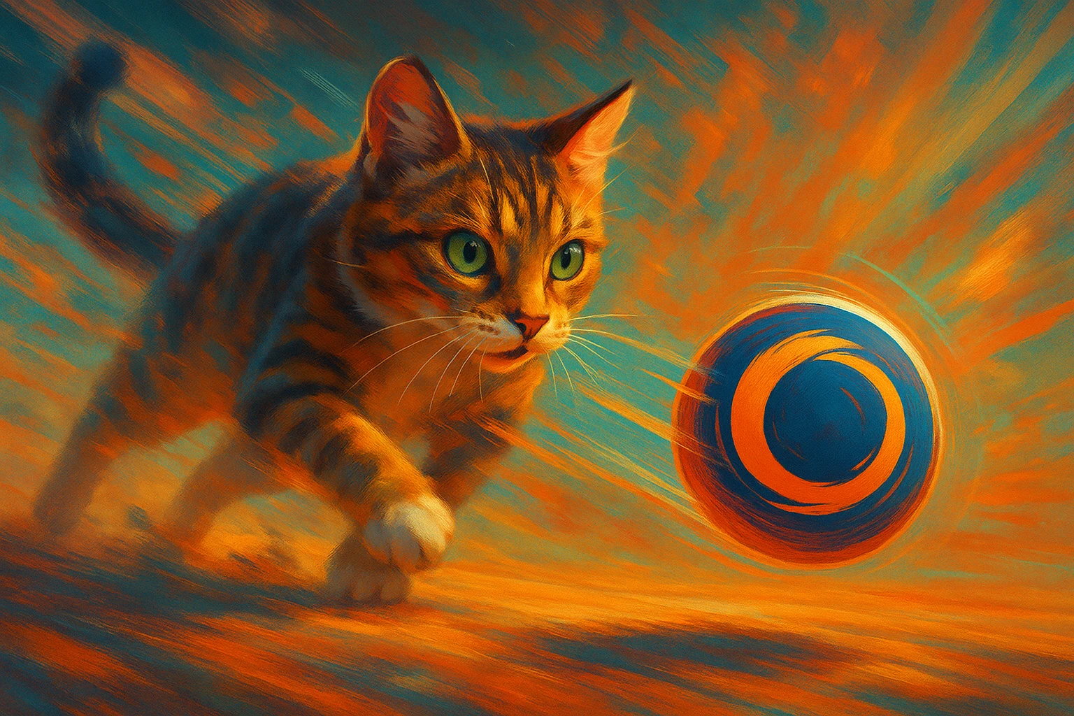 A cat chasing a ball that looks like the Enso speedrun logo emoji