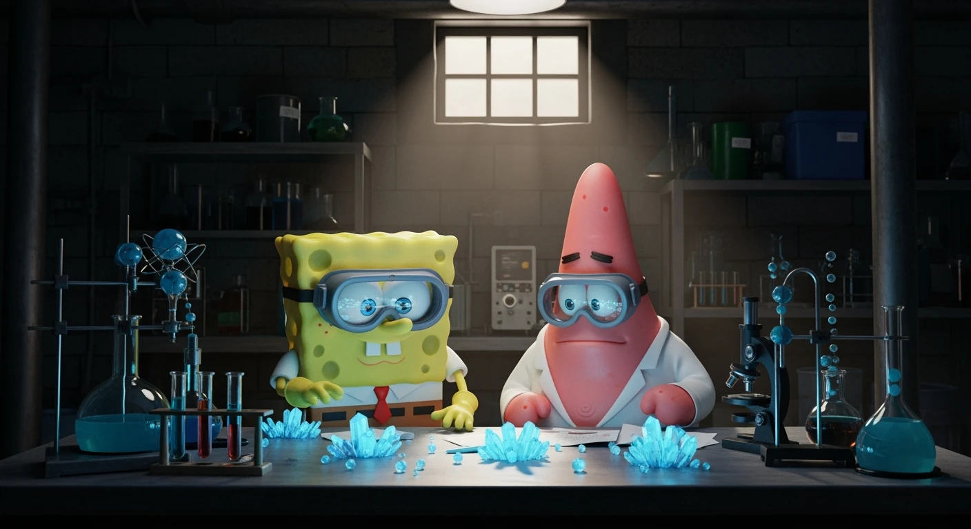 3D cienmatic cartoon shot, spongebob and patric dress in safety glasses and safe white outfit, the are standing front of table with blue crystals on table glowing (light source) science room in basement, back light, Cinema 4d render, proffesional lightning emoji