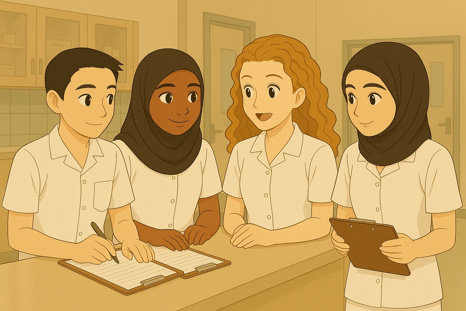 Modify the outfits of all the students to be white, short-sleeved, and styled like the blue outfit worn by the boy in the first original image. Make this style uniform for the entire group, remove any stethoscopes, and keep the faces unchanged. emoji