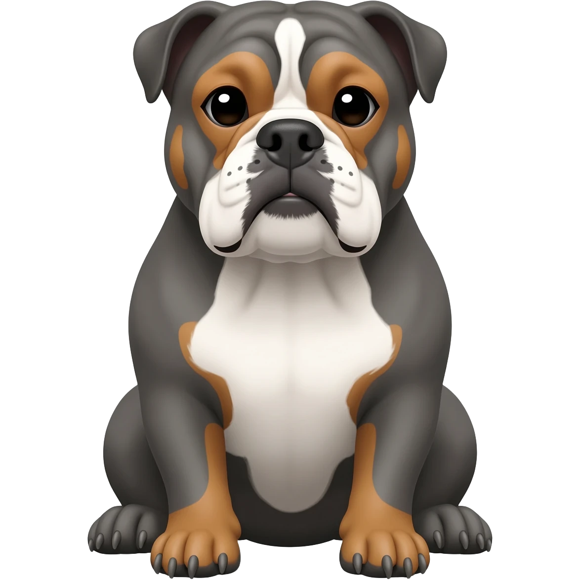 senior gray English bulldog, with caramel details in eyebrows, white details in face, white chest, sitting in his paws emoji