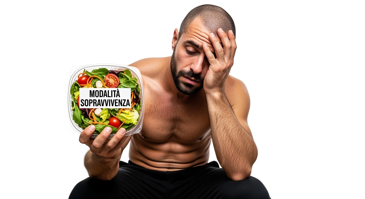 bodybuilder molto stanco e stressato con un insalata in mano, nell'insalata c'è un cartello con scritto "MODALITà SOPRAVVIVENZA", ISOLATO SU SFONDO BIANCO emoji
