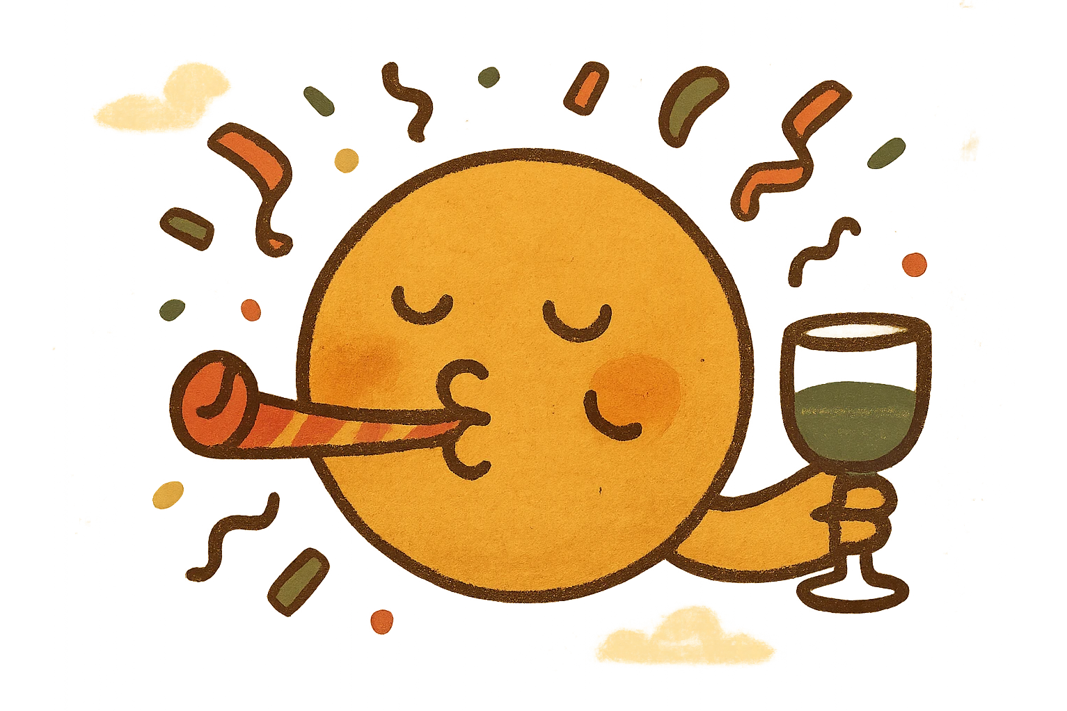 partying emoji with confetti and a drink, flat modern style, bright saturated colors golds greens reds, minimal but expressive, universal look emoji