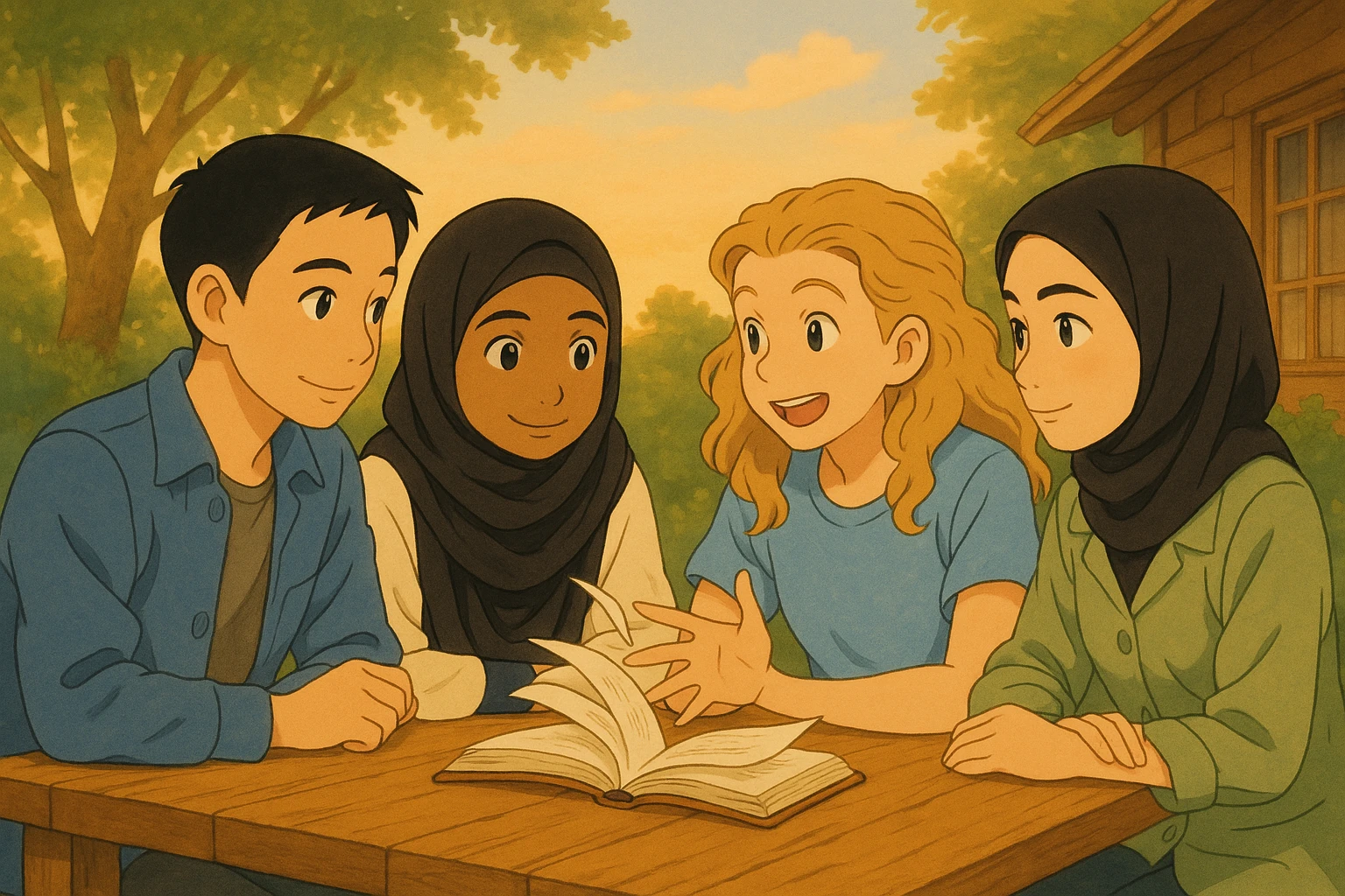 Les pages du livre sur la table bougent sous l'effet du vent, style ghibli, même composition que l'image de référence. emoji