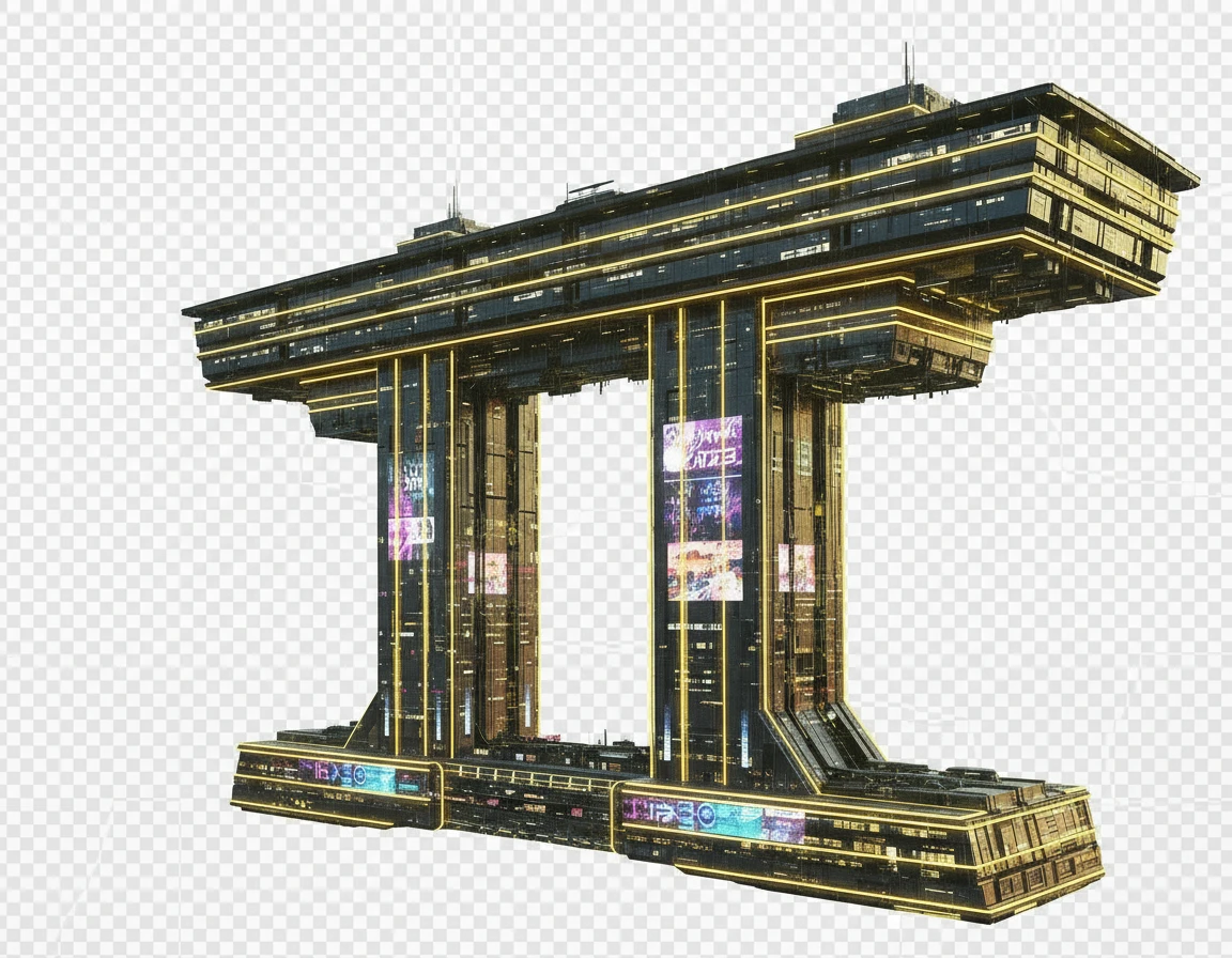 Убери все лишнее, оставь только само здание. Сделай в 2 раза больше ширину между 2 стойками, а нижнее основание убери. 

Фотореализм. Прозрачный фон emoji