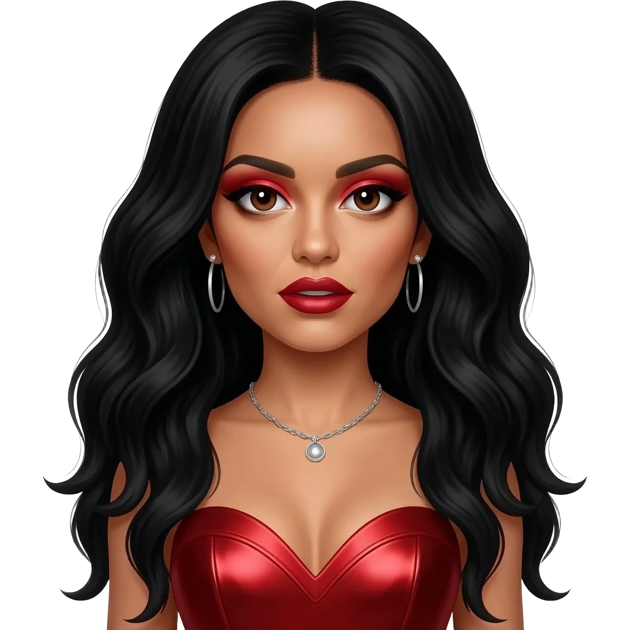 Leigh-Anne Pinnock from Little Mix with dark brown eyes, long black wavy hair, red eyeshadow and lipstick, red metallic sweetheart dress, silver necklace with earrings emoji