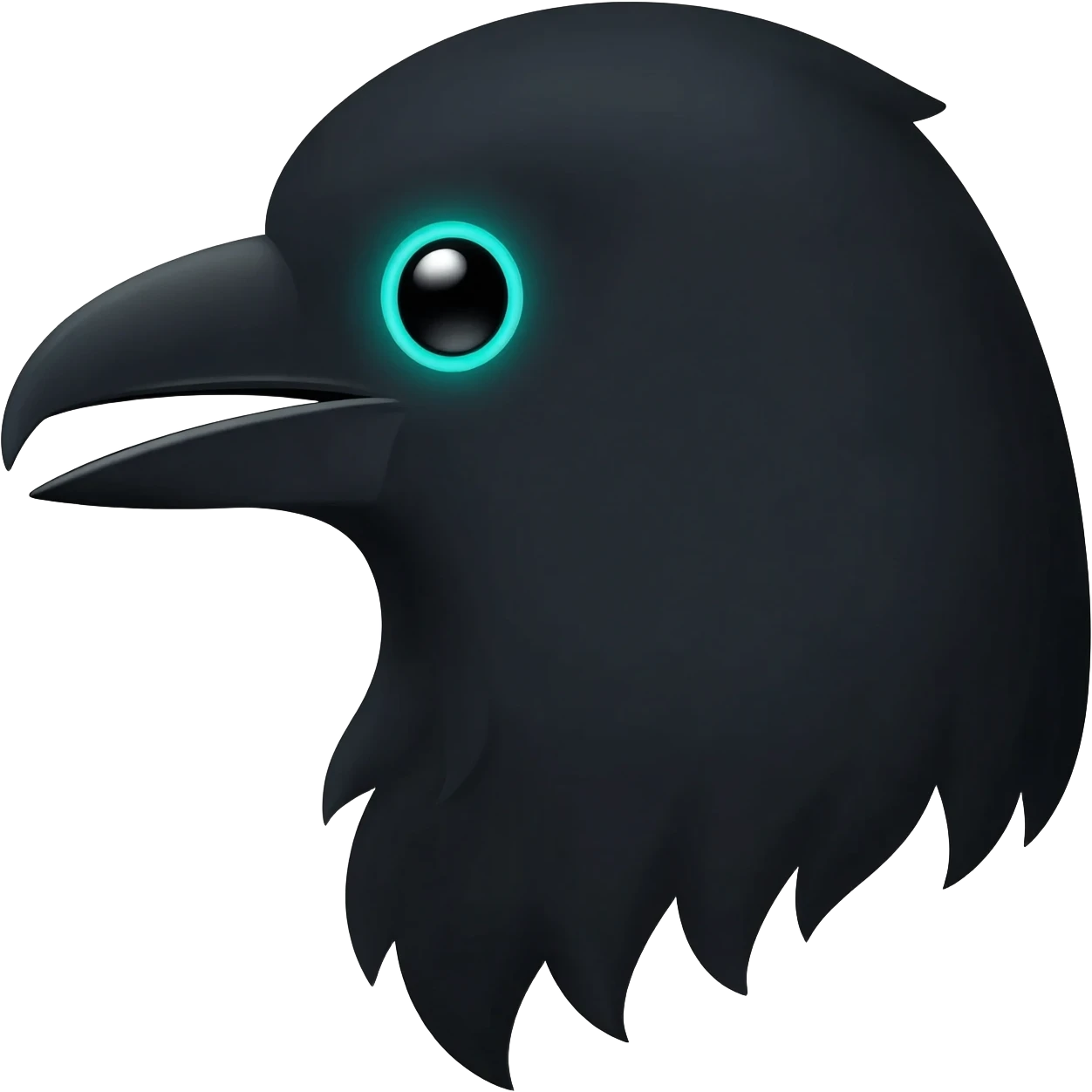 A fierce, stylized Raven head profile, beak slightly open, facing left. The eye must have a subtle, glowing cyan (or blue) outline. emoji