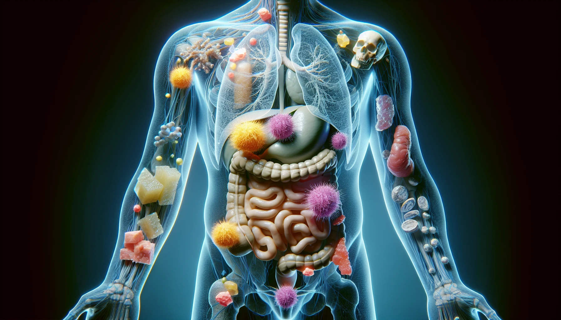 corpo umano anatomico che accumula tossine e malattie nel corpo , iperrealistico 4k emoji
