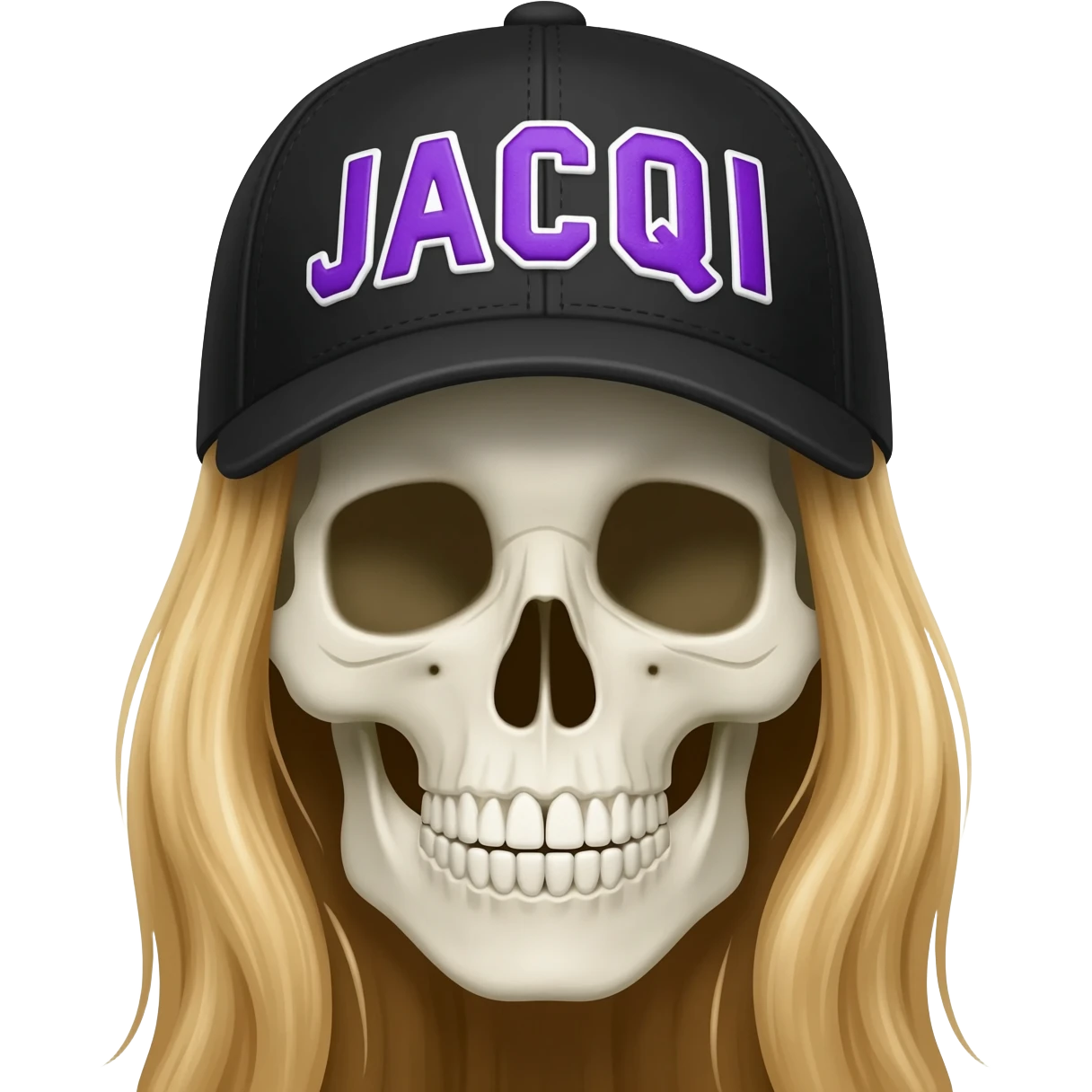 Create a skeleton head wearing a black baseball cap that says " JACQUI " in purple, and white lettering, with long blonde hair emoji