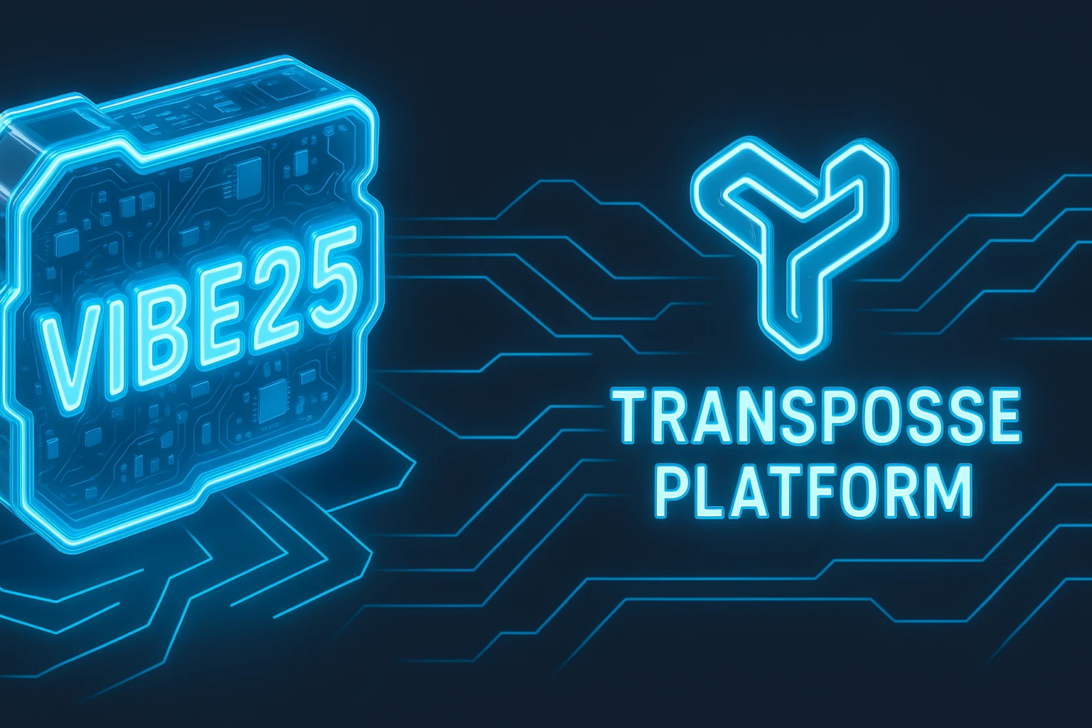 Create a wide banner in a Tron-inspired neon blue circuit style with a dark grey background and glowing circuit lines. Integrate the 3D VIBE25 logo on the left and the Transpose Platform logo on the right. Do not include the word 'Luma' or any other text. The overall look should be cohesive, futuristic, and high-tech. emoji
