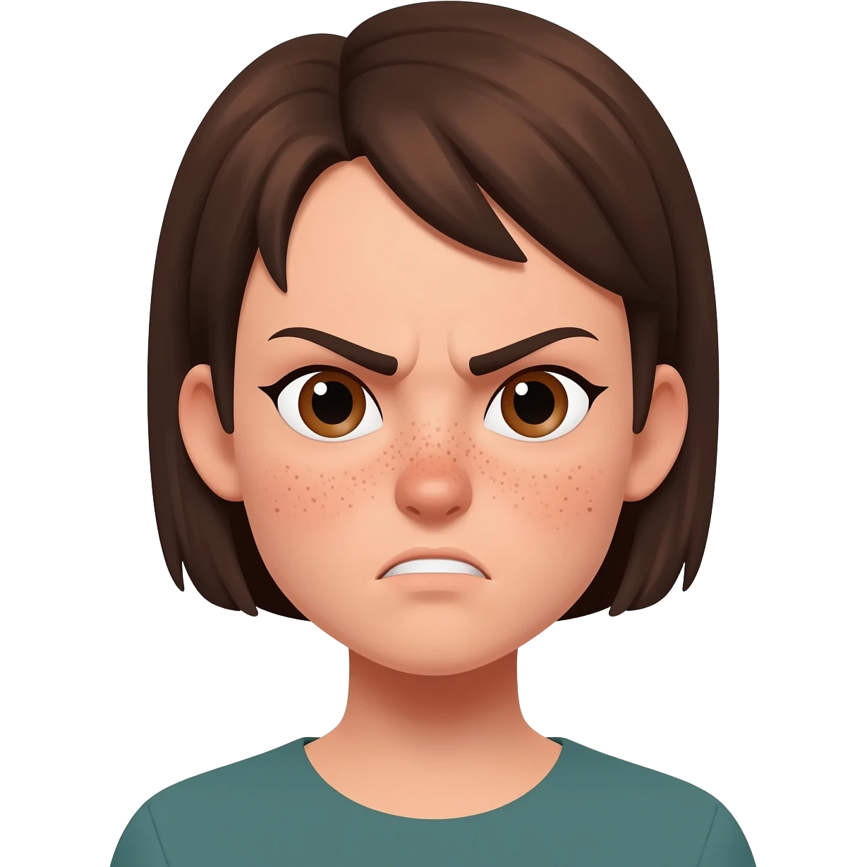 a woman with short hair, hair above her ears. She has freckles on her face. She has brown eyes. She's angry. emoji