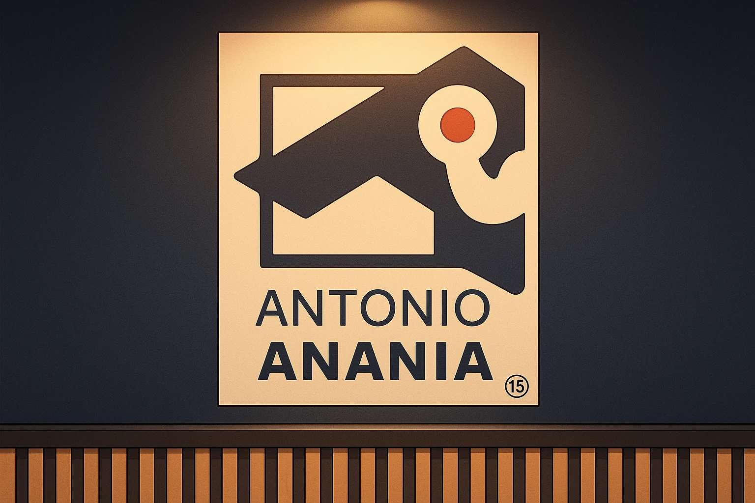 su questo stile fai un manga/webtoon a colori in cui mostri quella parete dietro dello studio con il suo logo e la scritta "ANTONIO ANANIA" SOTTO IL LOGO, LUCE CHE ILLUMINA IL LOGO emoji