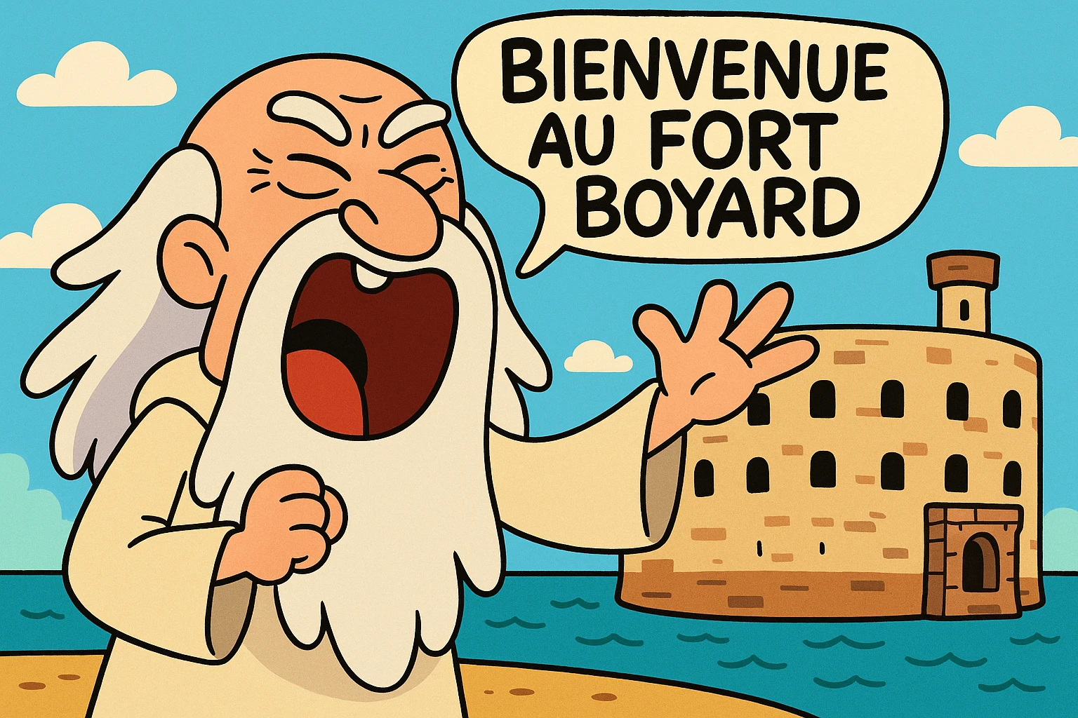 Père fouras  de fort boyard qui cri bienvenue au fort boyard // style enfantin dessin animé cartoons américain style gumball (  emoji