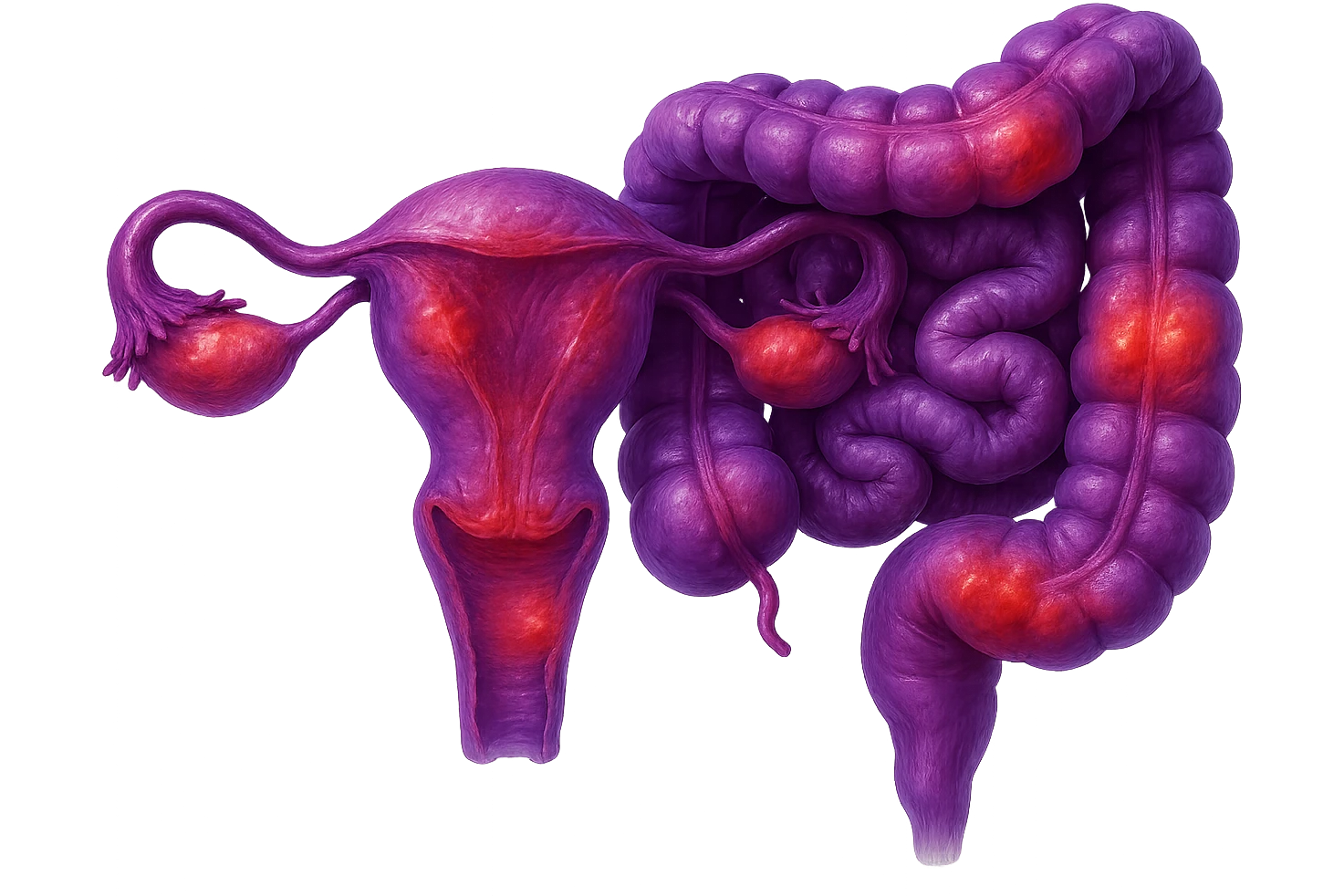 utero umano anatomico iperrealistico e intestino umano anatomico iperrealistico hanno in comune il dolore e l'infiammazione, rendi bene il collegamento tra i due organi doloranti, falla iperrealistica, non disegnata, fai colori che si adattano a questo viola #971ef1 emoji