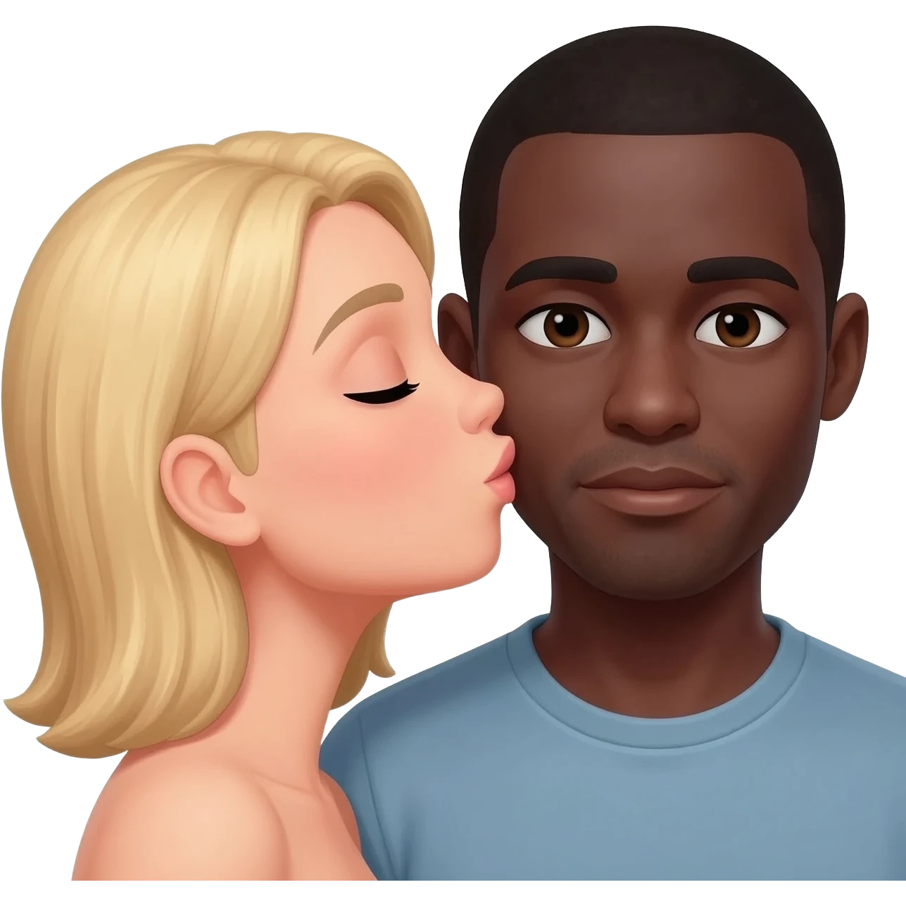 Blonde woman kissing black man with shaved head on the cheek emoji