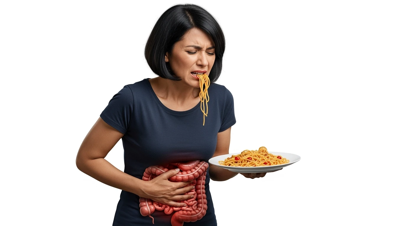 DONNA CHE TIENE UN PIATTO DI PASTA IN MANO MANGIATO PER METà, HA MAL DI PANCIA E INTESTINO UMANO ANATOMICO REALISTICO IN EVIDENZA, iperrealistico 4k, ISOLATA SU SFONDO BIANCO emoji