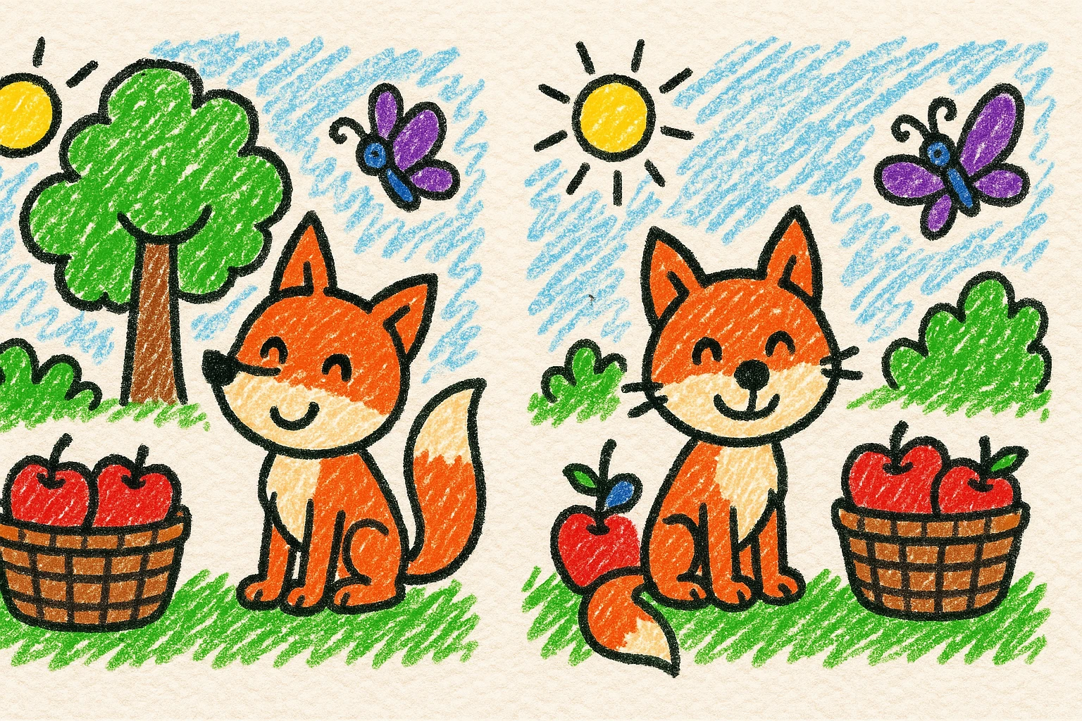 playful crayon-style cartoon scene for a children's 'find the differences' game, featuring a happy fox sitting next to a basket of apples in a bright forest clearing, with a butterfly flying nearby, a tree, and bushes in the background, colorful, bold, cheerful, resembling a child's crayon drawing emoji
