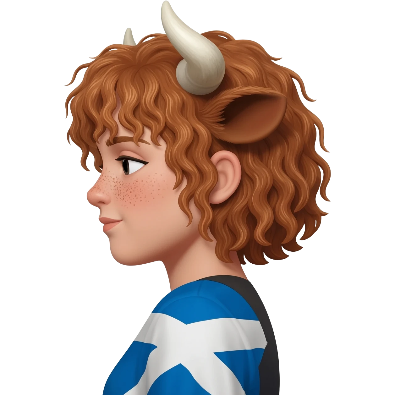 curly girl with freckles with messy light brown bangs covering the eyes with bull horns and bull ears with scottish flag on his shoulders side view emoji