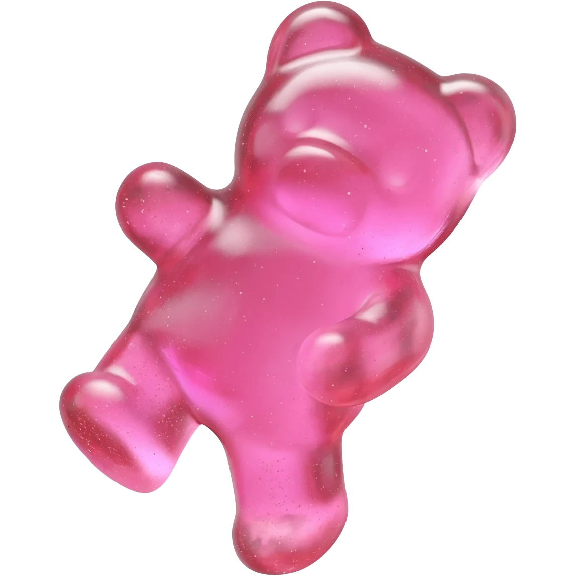 a hyper-realistic 3D rendering of a translucent, glistening pink gummy bear mid-bounce, its plump body captured in dynamic motion as if frozen in time. The candy's surface refracts light like real gelatin, with sticky highlights gleaming along its curved edges and subtle sugar granules  emoji