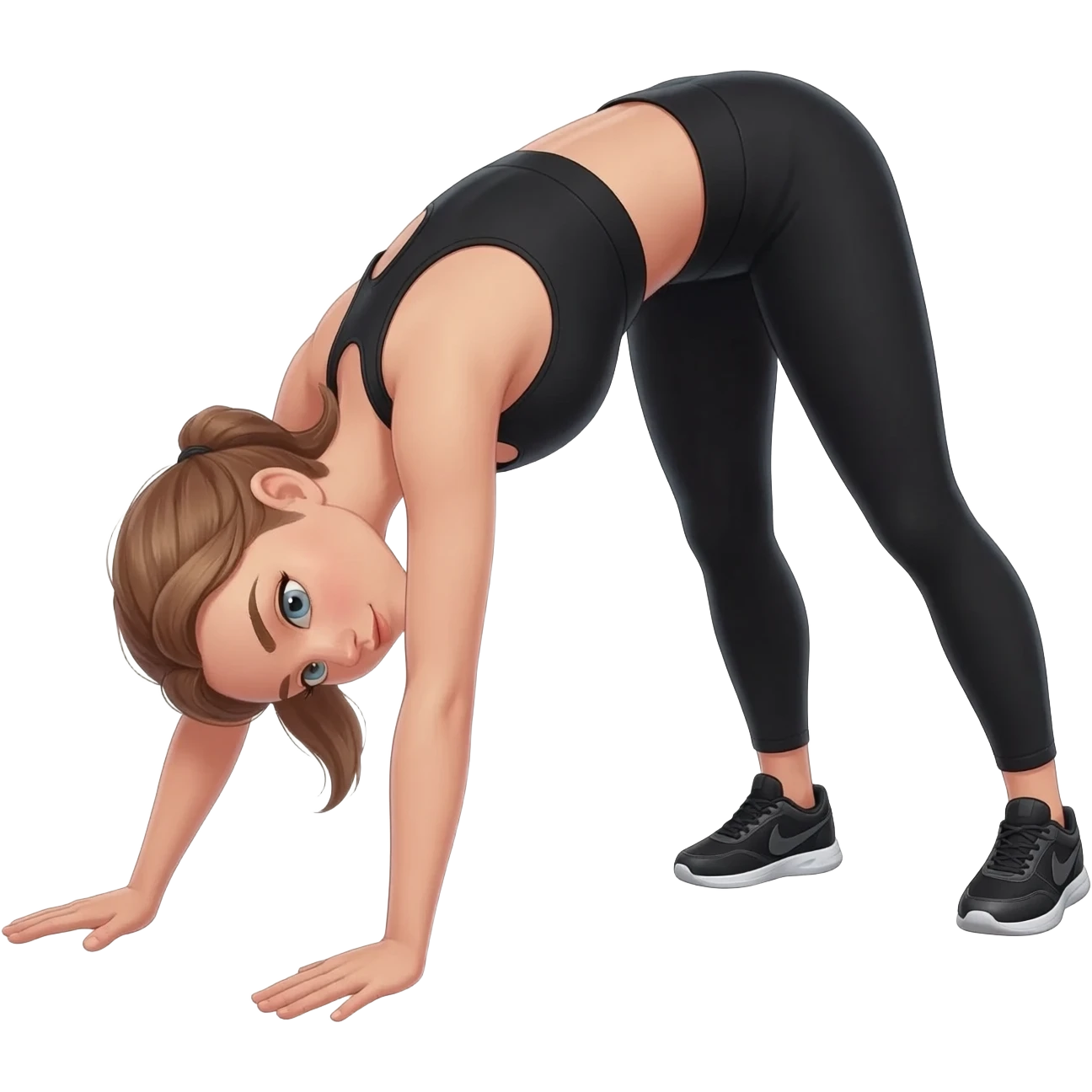 standing forward fold stretch, fair-skinned woman, light gray-blue eyes, ash brown brows, ash light brown hair tied back, slim athletic body, black workout set, black sneakers with white soles emoji