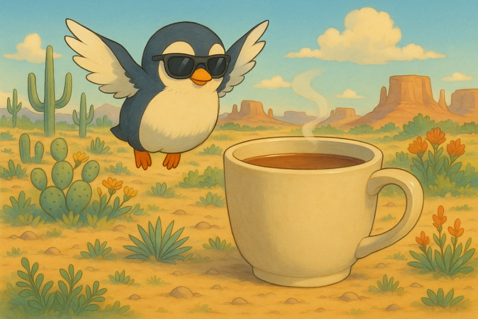 Add sunglasses to the penguin, keep the ghibli-inspired style, hovering in a desert landscape beside an oversized tea mug. emoji