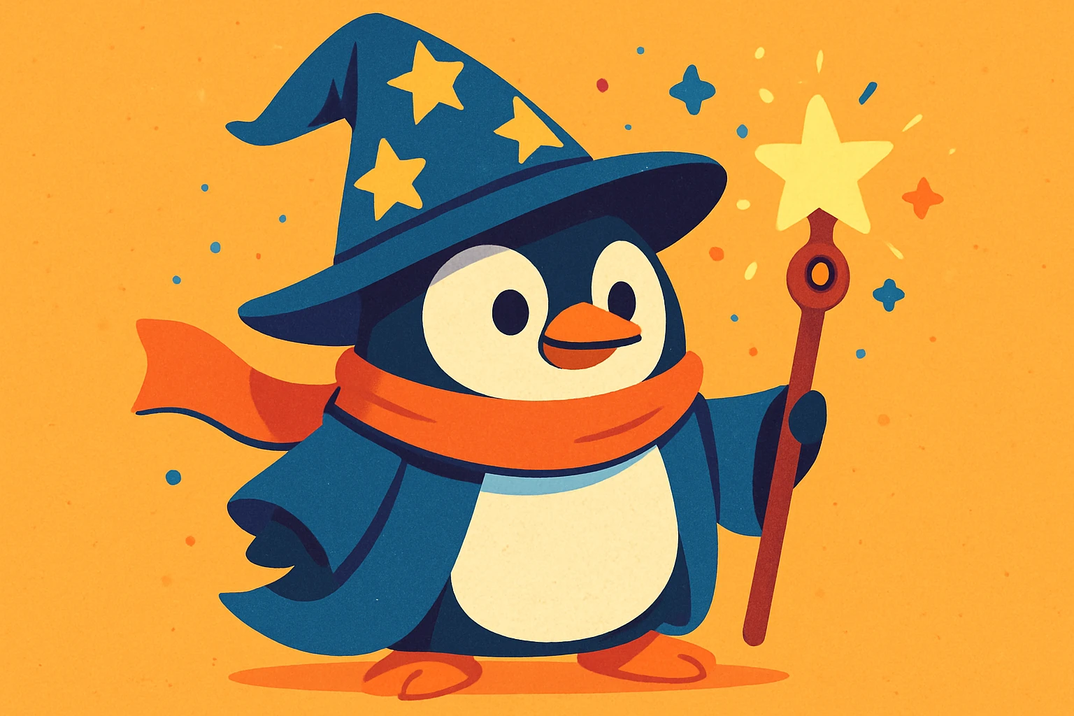 a penguin dressed as a wizard, with a pointy hat and a magic staff, in a fun and whimsical style, vibrant toon style, colorful and lively emoji