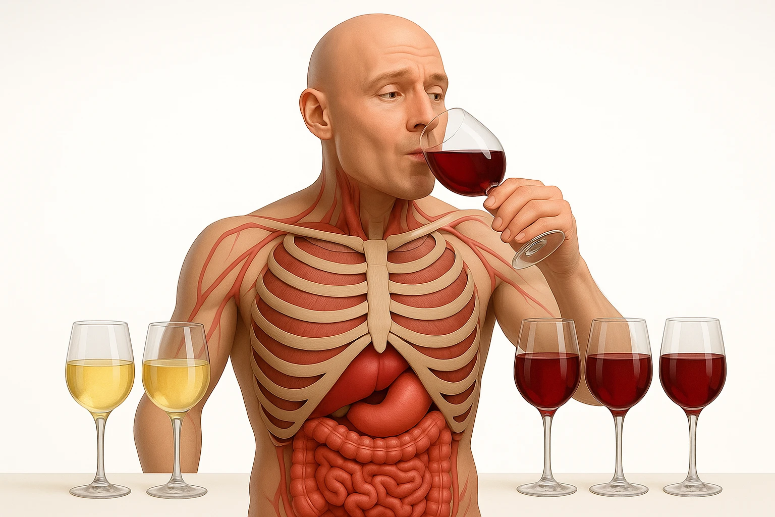 corpo umano con apparato digerente che  ha davanti a sè qualche bicchiere di vino bianco e qualche bicchiere di vino rosso, lui sta bevendo un bicchiere di vino rosso, non fare che ha il cibo in mano, prendi solo spunto dallo stile grafico della foto che ho allegato, sfondo bianco, realistico 4k emoji