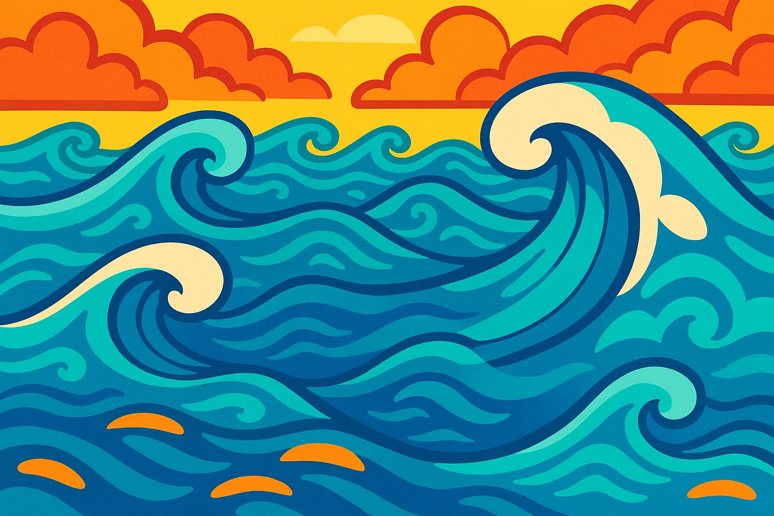 playful sea with vibrant cartoon style, blue and turquoise colors, lively and colorful ocean waves emoji