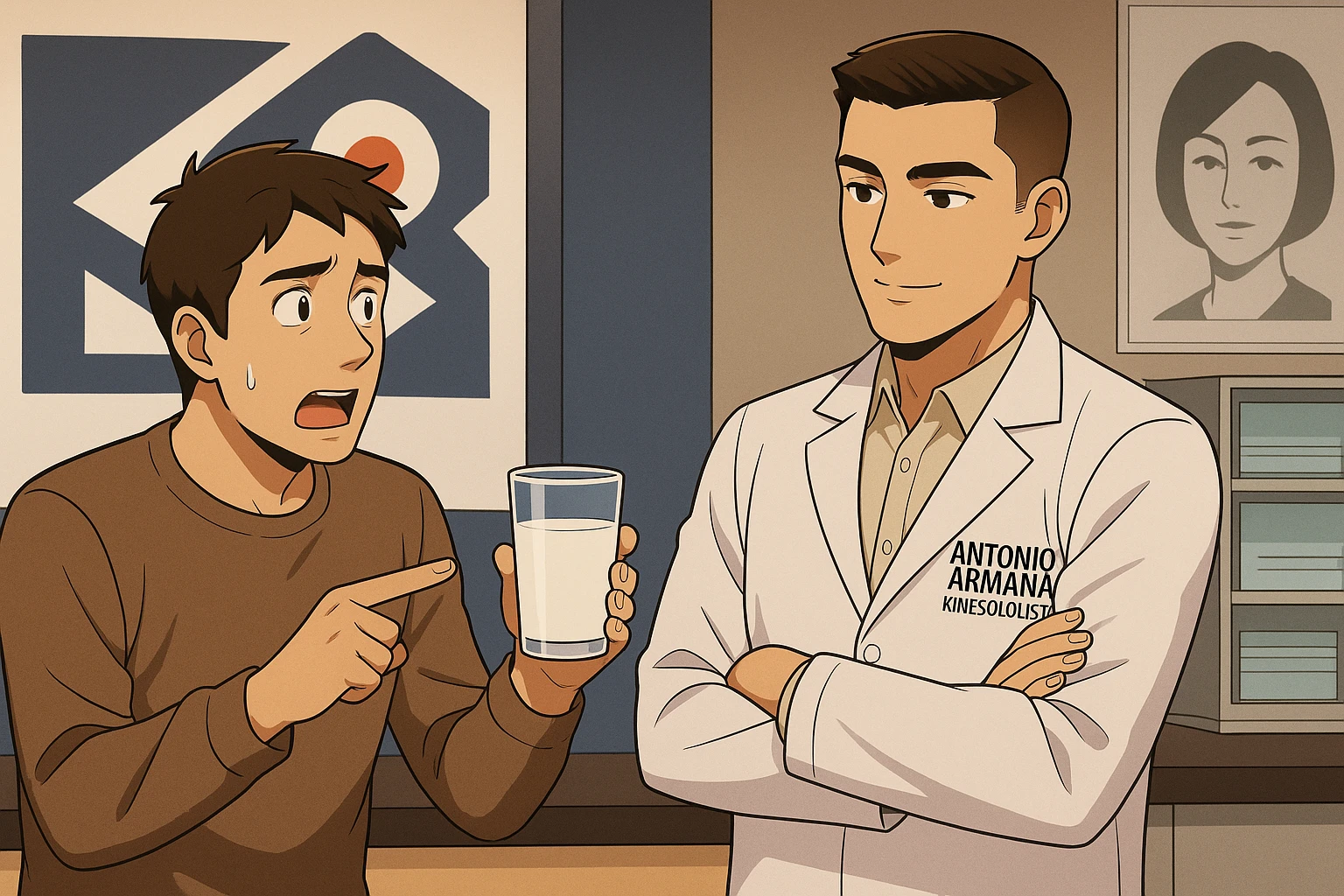 fai un webtoon manga a colori con questo stile, in cui un uomo chiede al kinesiologo con il camice bianco (fagli anche la scritta "ANTONIO ANANIA" SUL CAMICE, una domanda e il kinesiologo gli risponde, L'UOMO INDICA IL BICCHIERE DI LATTE CHE HA IN MANO ED è MOLTO ALLARMATO NEL FARE LA DOMANDA. non fare i fumetti però, fai solo in modo che sembri stiano parlando emoji