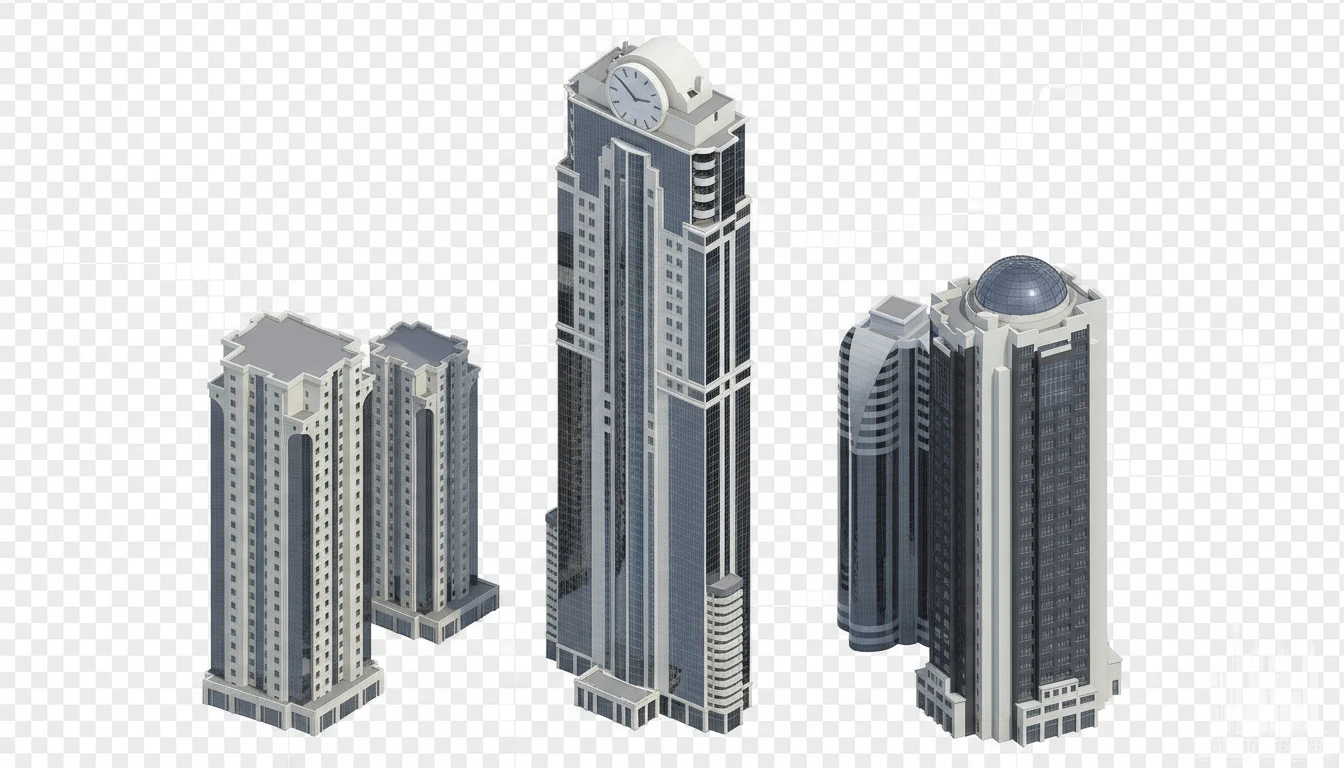 Изометричная, яркая, детализированная, объемная и фотореалистичная иллюстрация Башни «Феникс» в Грозном. Чёткие контуры, не размазанные линии, высокое качество, прозрачный фон, не обрезать края картинки emoji