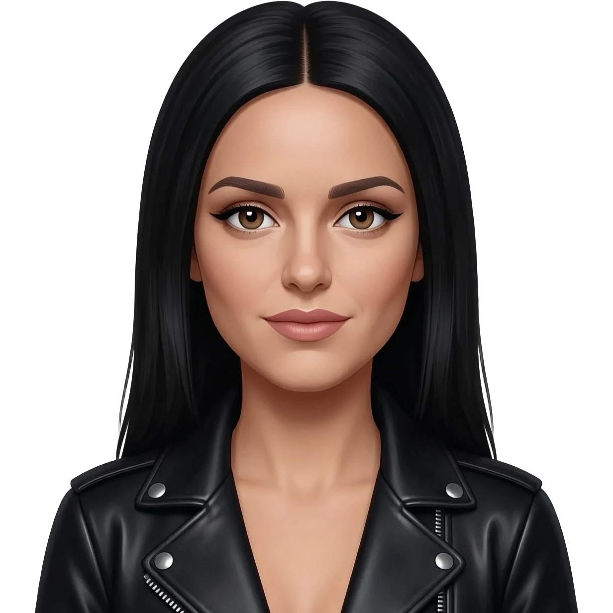 hyperrealistic younger laura pausini with black long straight hair, cheekbones, long nose, slanted eyes, thin lips, eyeliner and black leather jacket emoji