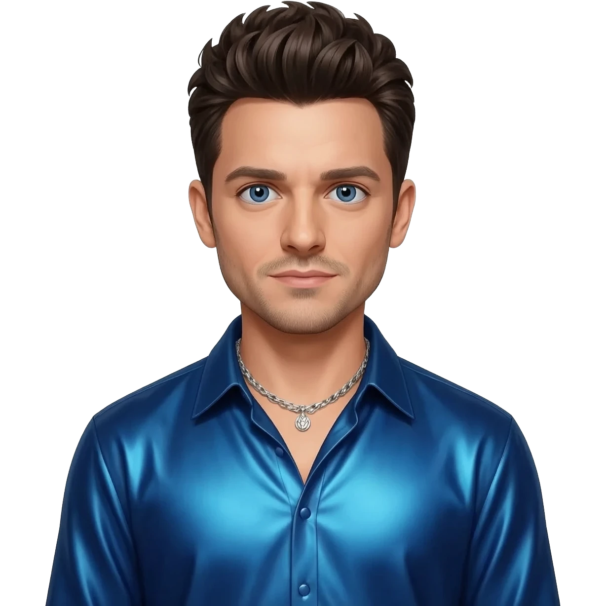 JC Chasez from NSYNC with blue eyes, dark brown hair, midnight blue metallic shirt, midnight blue metallic baggy pants, silver necklace emoji