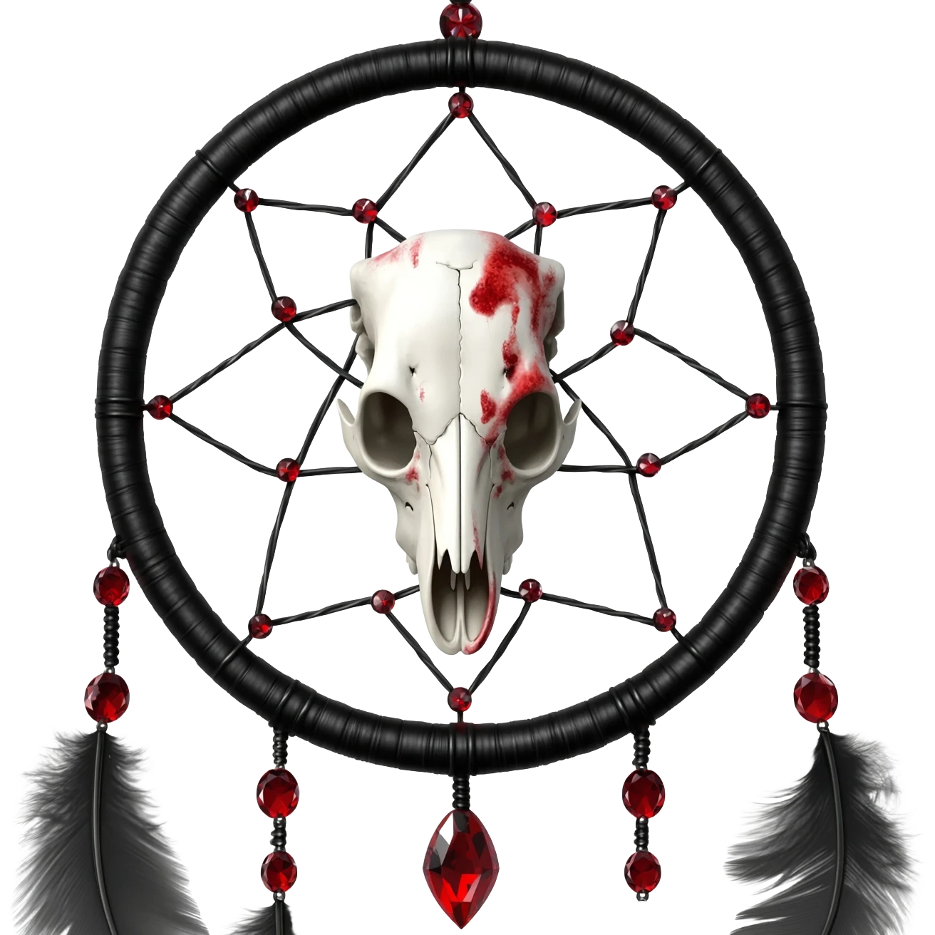Blood-red, bloody, obsidian-black, edgy, dream catcher, red gemstones, black wire, black threads, white animal skull, white feathers, badass, evil, gorgeous aesthetic, gothic decoration emoji